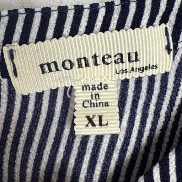 Monteau Black & White Striped Smocked Back Capped Sleeve Blouse Size XL - Picture 7 of 8